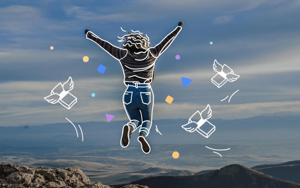 Header showing a jumping from joy woman with floating money around high in the mountains.