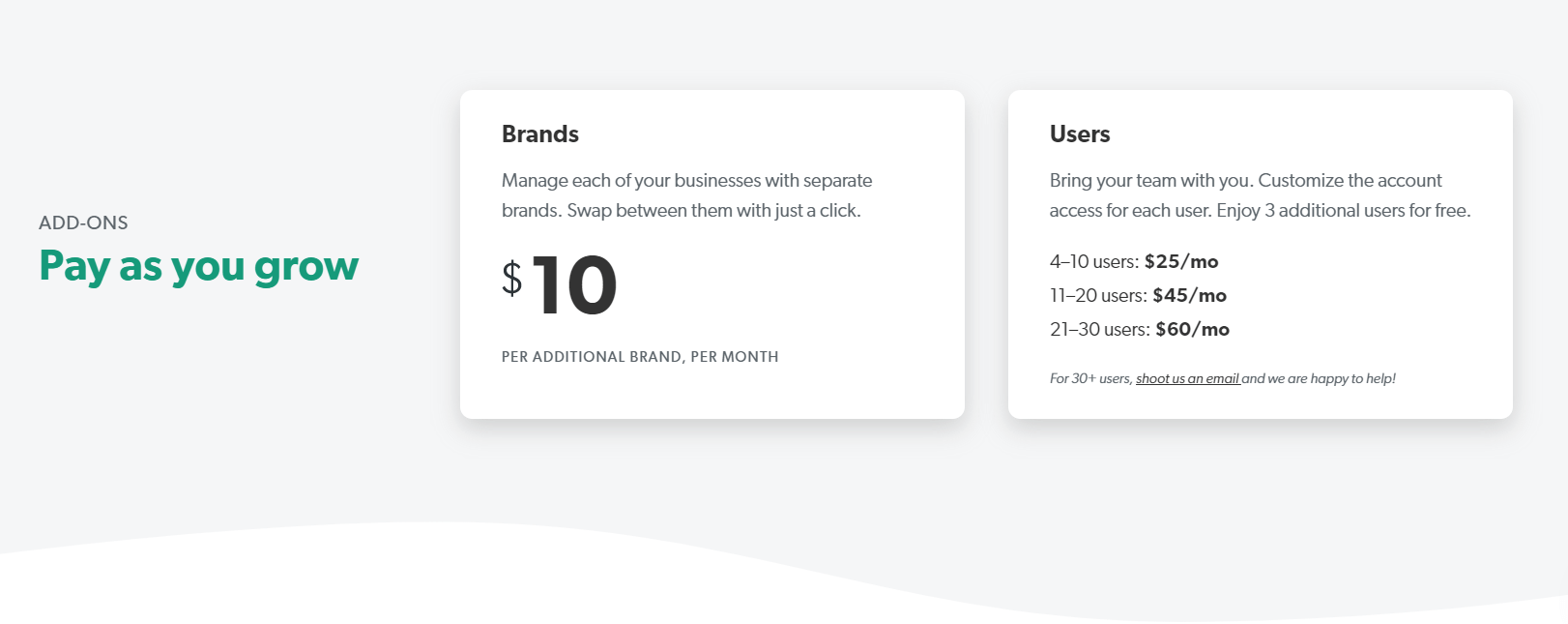 Screenshot of Dubsado Multi User and Brands pricing. Additional brands cost $10 while 4–10 users: $25/mo, 11–20 users: $45/mo, 21–30 users: $60/mo.