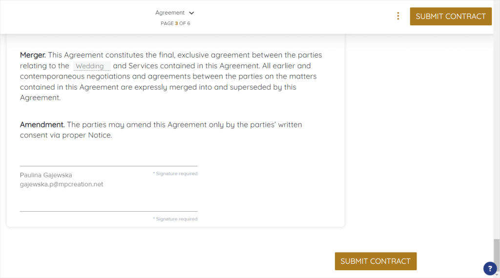 Screenshot of HoneyBook's contract with legally binding digital signatures.