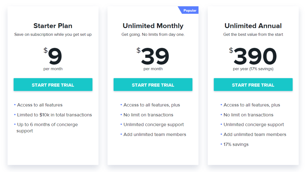 HoneyBook pricing. Dubsado pricing: $9 per month for the Starter Plan, $39 per month for the Unlimited Monthly plan, and $390 per year for the Unlimited Annual plan.