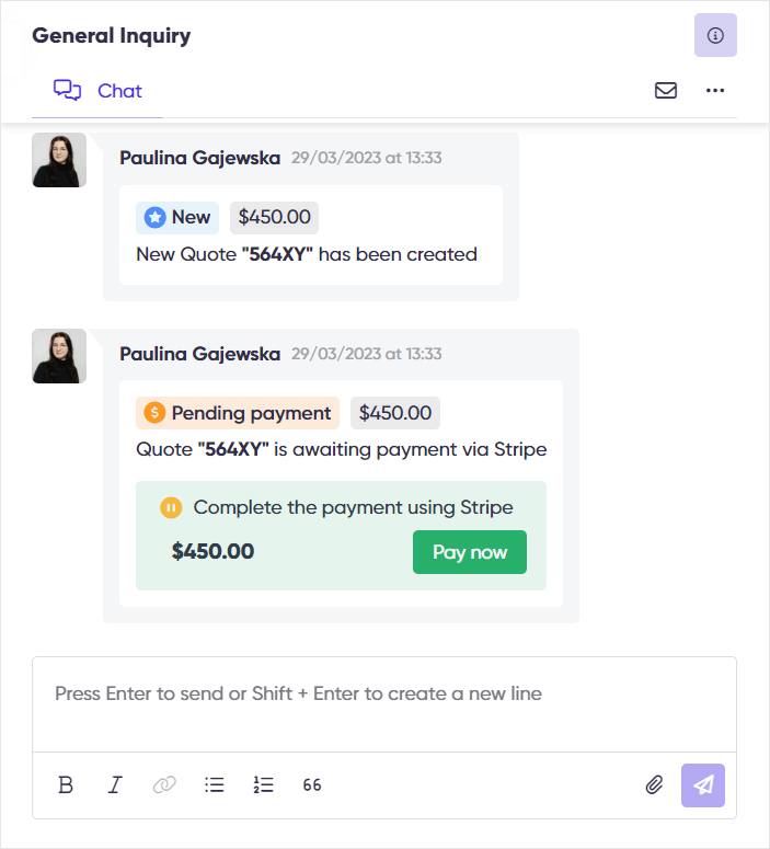 Screenshot of Zendo's payment feature from client's perspective.