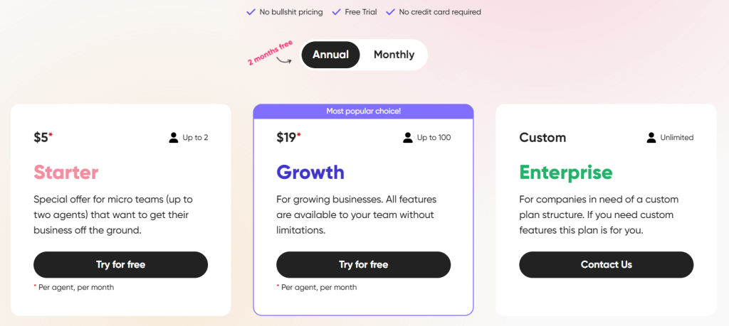 Zendo pricing. $5 per agent paid monthly in the Starter pack, $19 per agent paid monthly in the Growth pack, and custom price in the Enterprise pack.