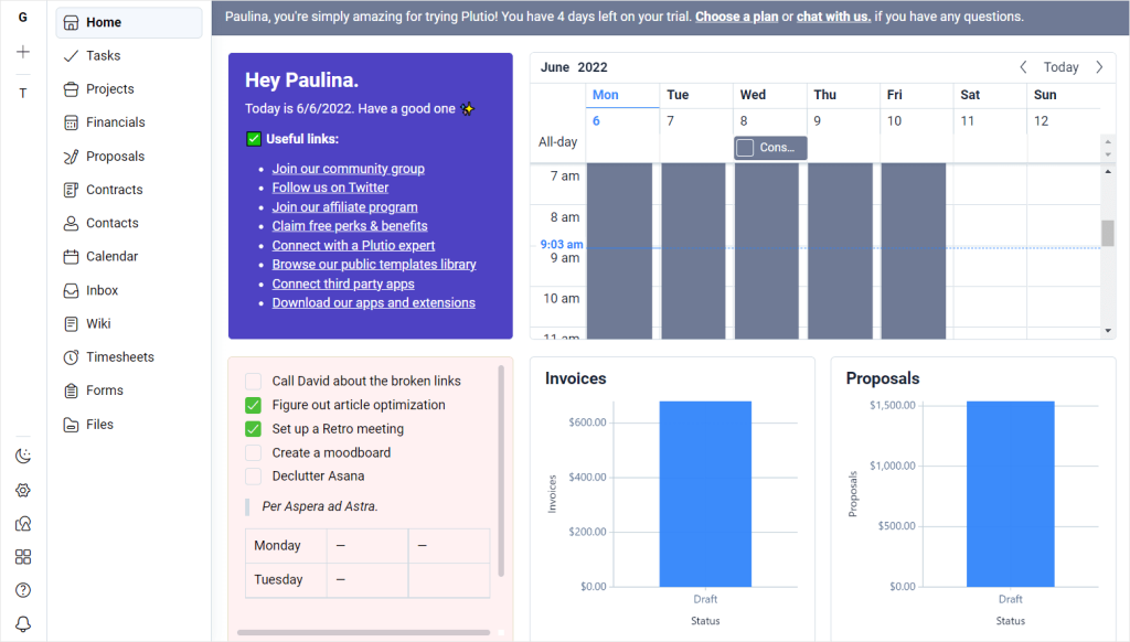Screenshot of Plutio's main dashboard and user interface.
