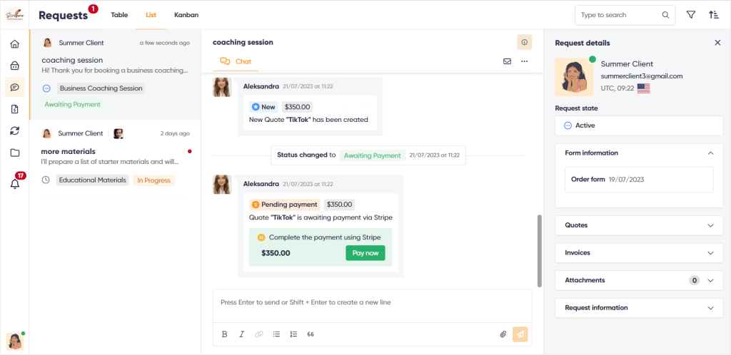 Zendo's in-chat payments from a client's perspective