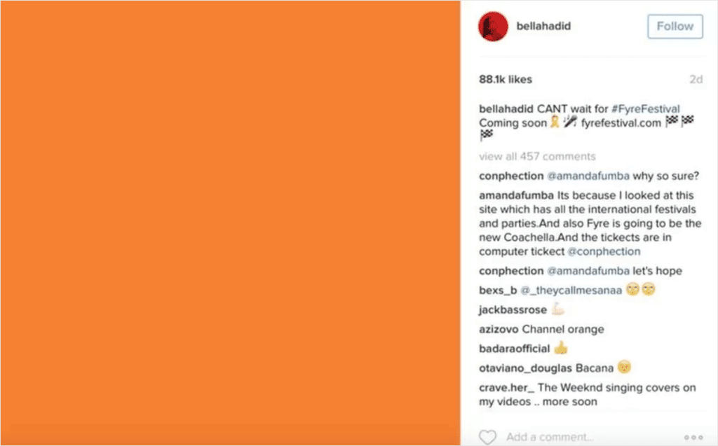Instagram post by bellahadid. Orange square with the caption: "CANT wait for #FyreFestical Coming soon fyrefestival.com"