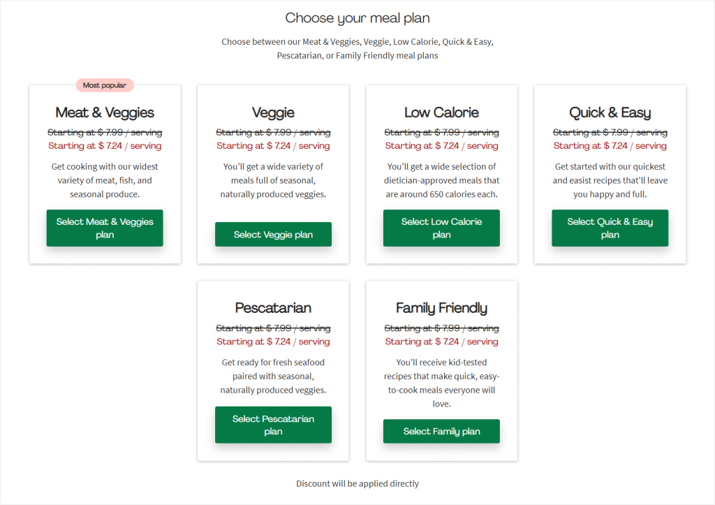 productized service examples: HelloFresh's plans to choose from
