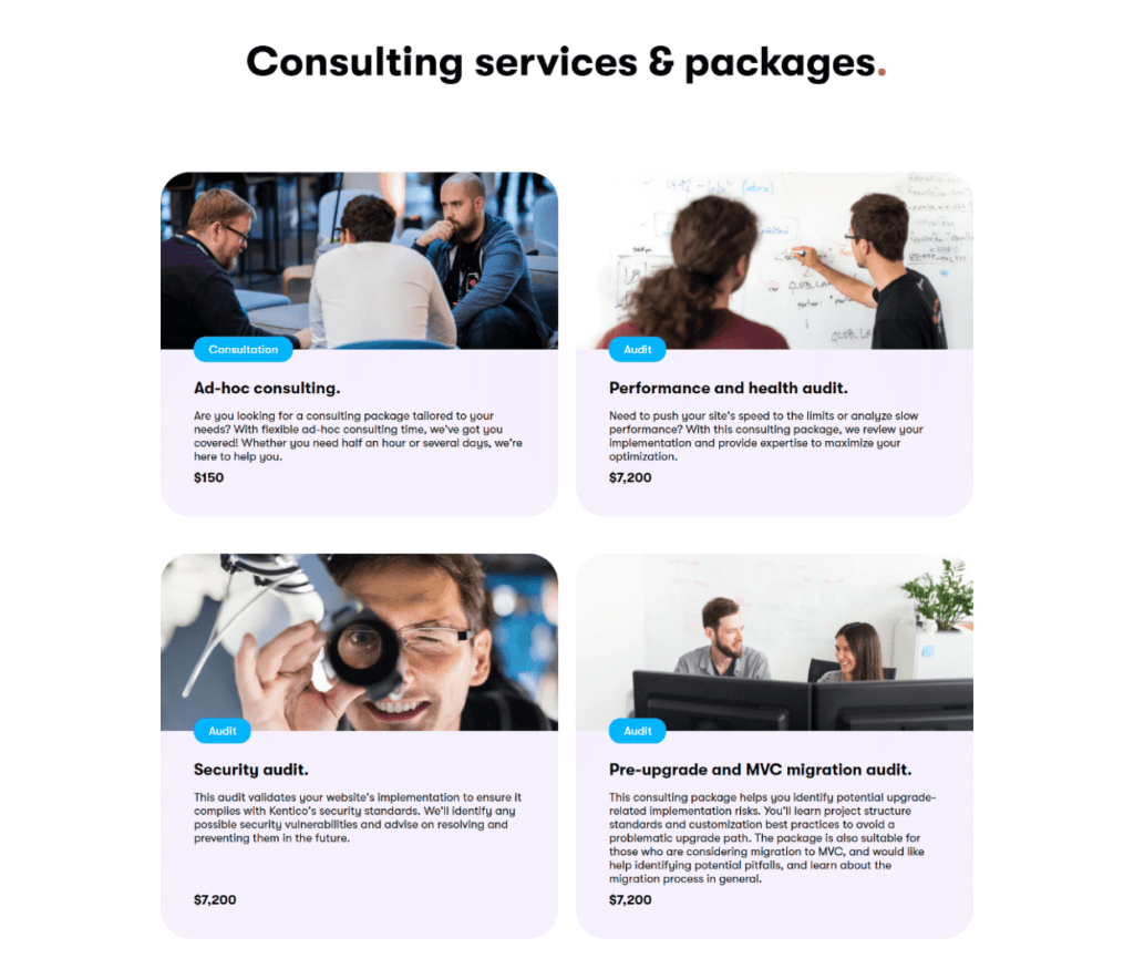 A screenshot of Kentico's productized consulting service packages.