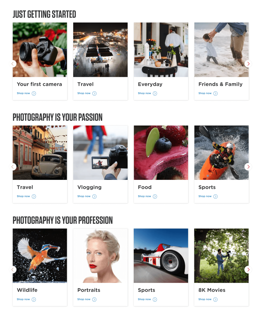 Screenshot of Canon's website showcasing three categories: Just Getting Started (divided into: Your first camera, Travel, Everyday, Friends & Family), Photography is your passion (divided into: Travel, Vlogging, Food, Sports), and Photography is your profession (divided into Wildlife, Portraits, Sports, 8k Movies).