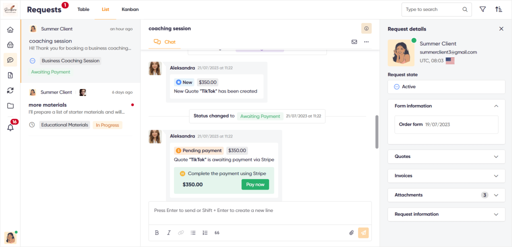 Zendo's real-time chat showing built-in payments for clients