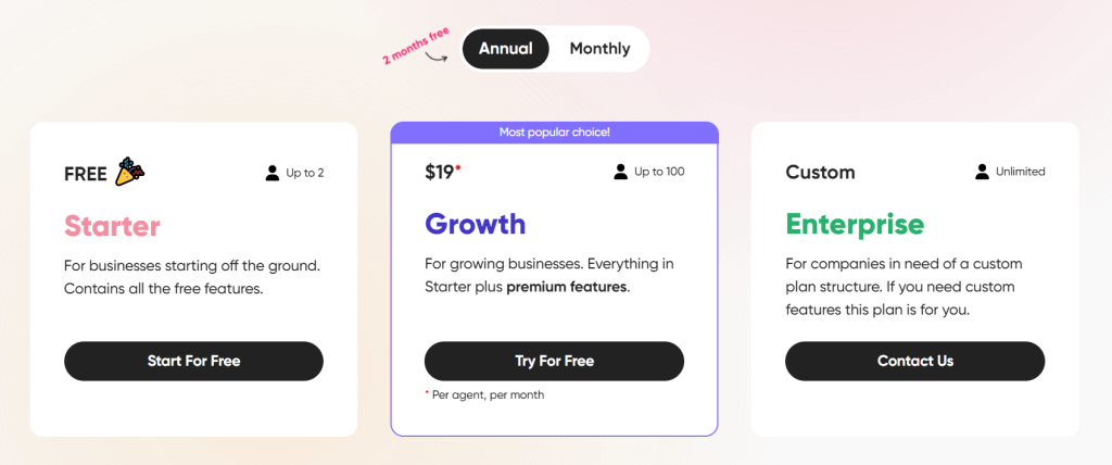 Screenshot of Zendo's pricing page with three subscription plans listed: Starter (for free, up to 2 agents), Growth (for $19 per agent per month, billed annually, up to 100 agents), and Enterprise (custom, unlimited agents).