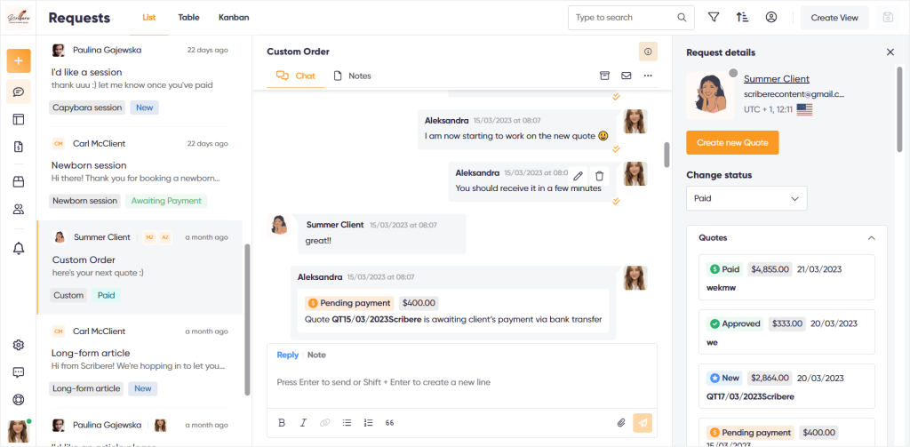 Zendo's chat for client & team communication example