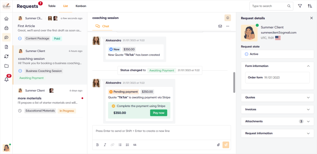 Client's view for Stripe payments in Zendo's chat