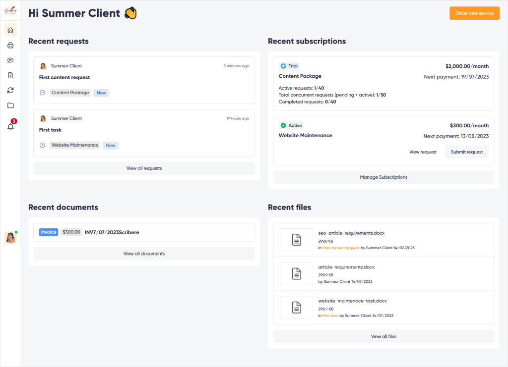 Zendo's client portal from a client's perspective — main dashboard