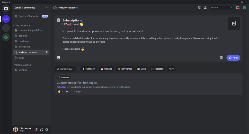 Zendo's Discord community: feature requests forum