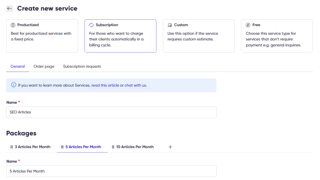 Screenshot of Zendo's service creation page.