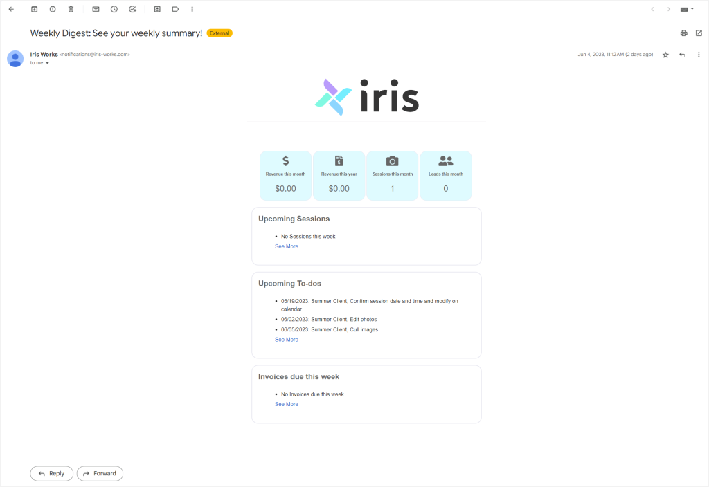 Weekly email reports by Iris Works