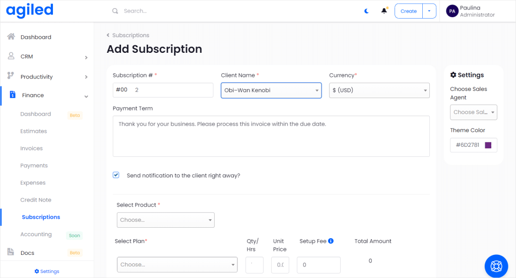 Screenshot of Agiled's subscription management page.