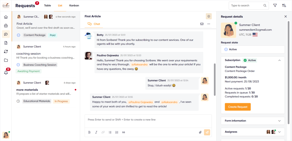 Zendo's real-time chat shown from client's POV