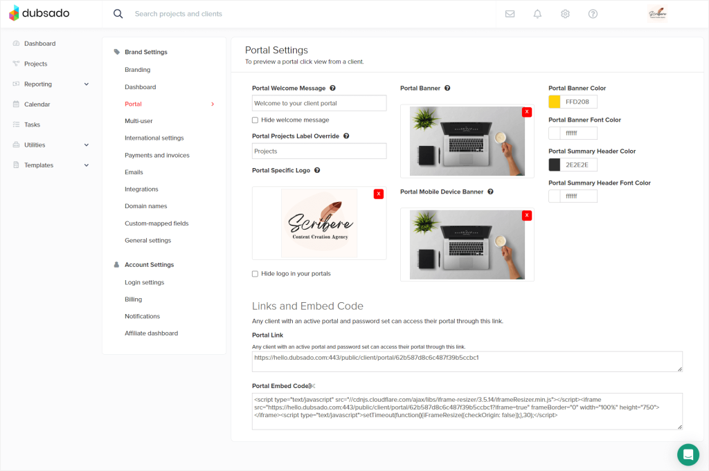 Dubsado client portal customization settings