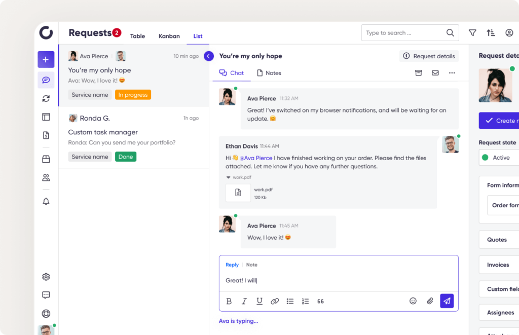 Zendo's real-time chat conversation in a client request