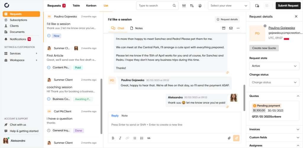 Zendo's real-time chat for client & team communication