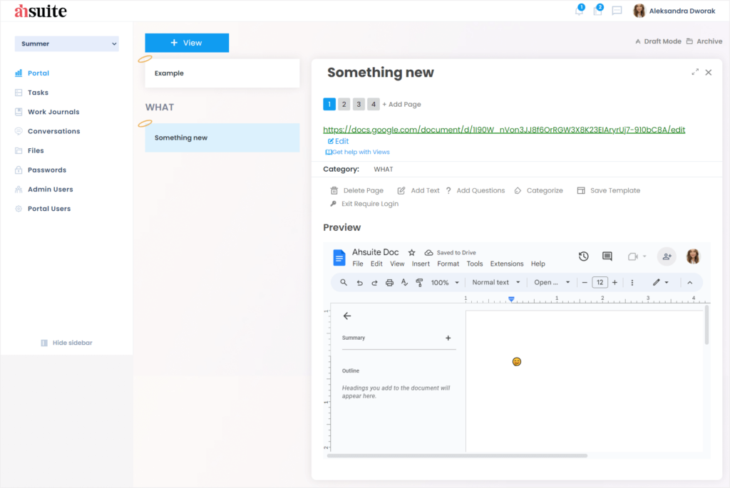 Embedding a Google Docs document in Ahsuite's client portal builder