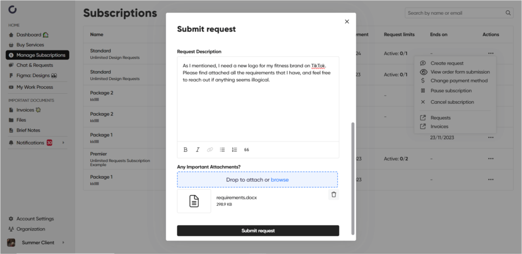 Submitting a subscription request through Zendo