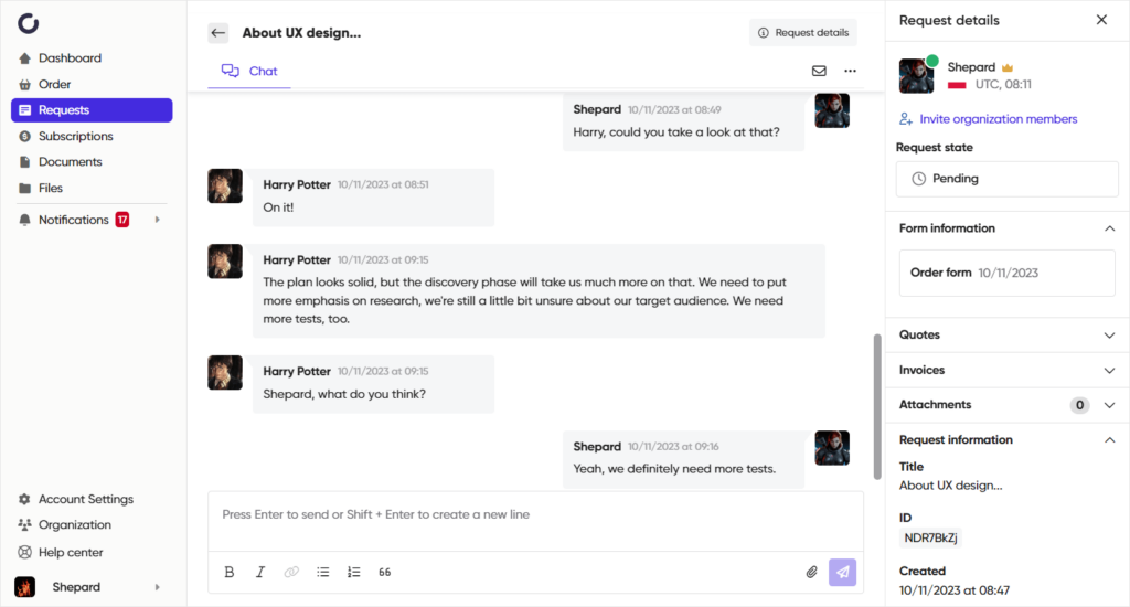 Screenshot of Zendo's conversation in Request.