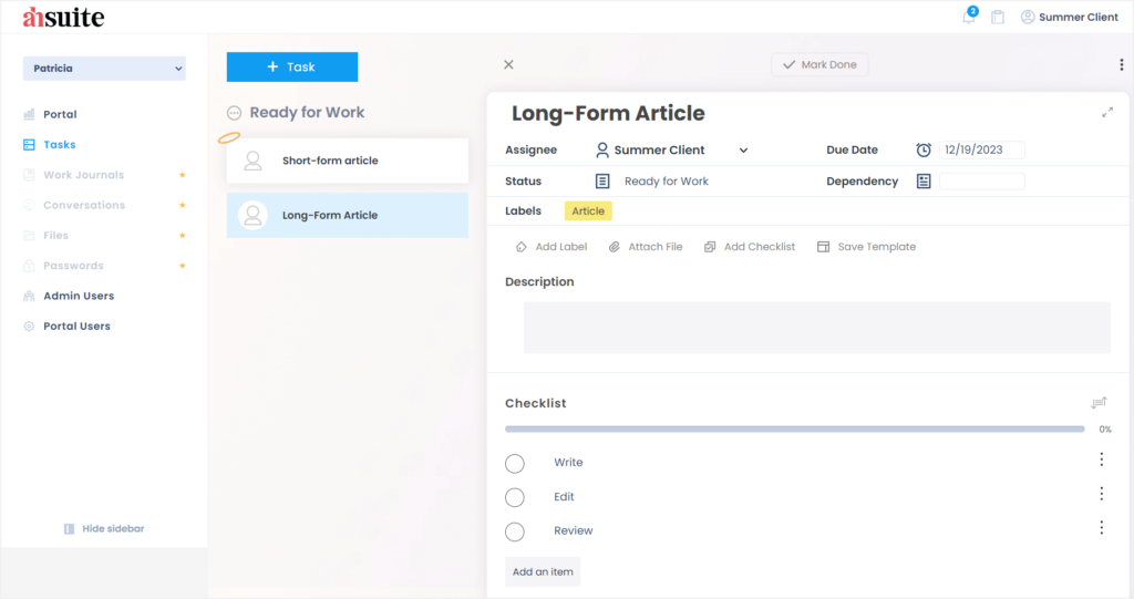Task management in Ahsuite