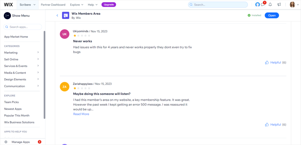 Example reviews of Wix Members Area app