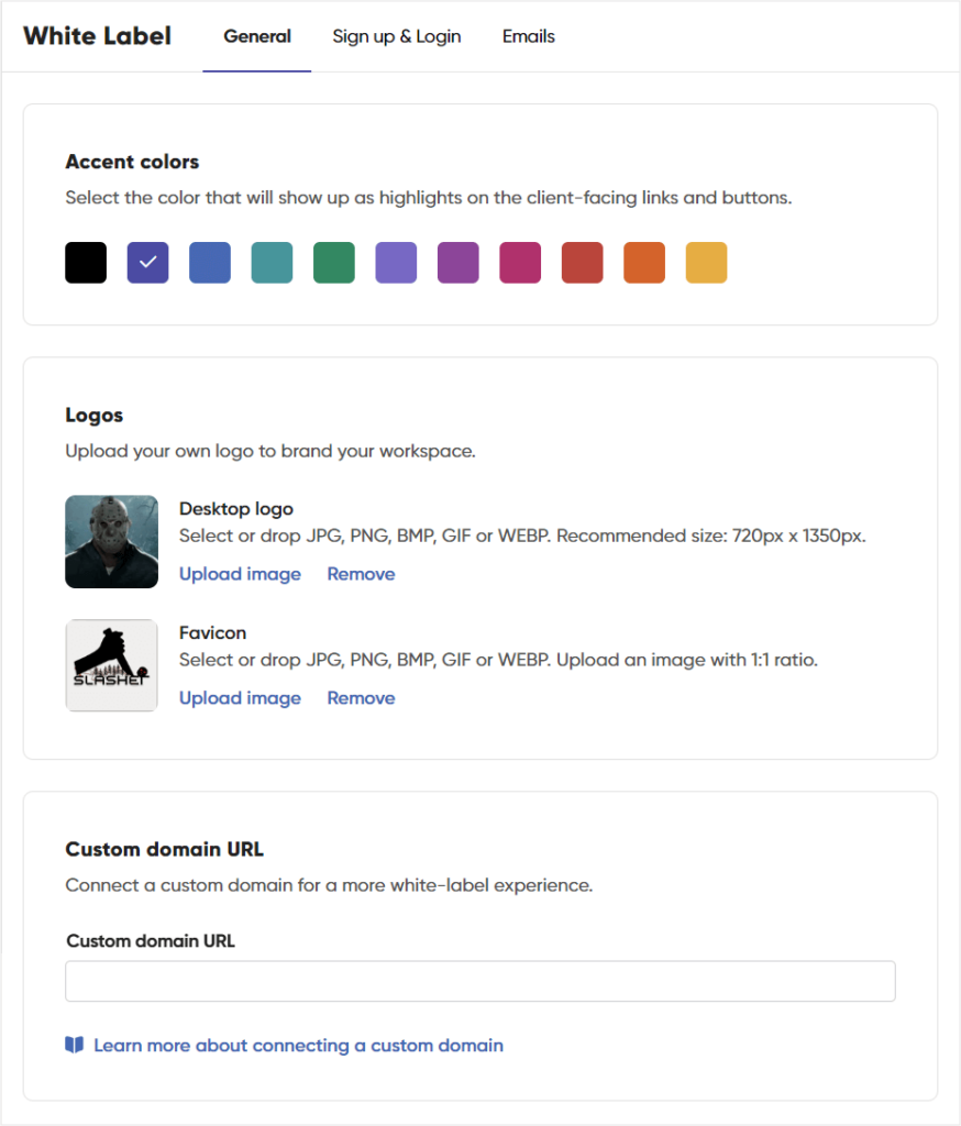 Customizing a client portal in Zendo's settings, including colors, logos, custom domain, and more