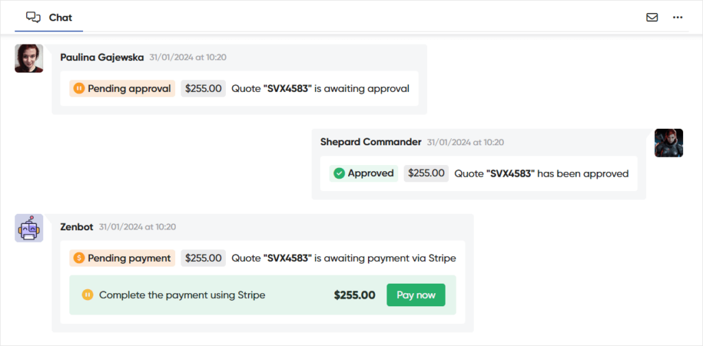 Screenshot of Zendo's chat with the payment option from client's perspective.
