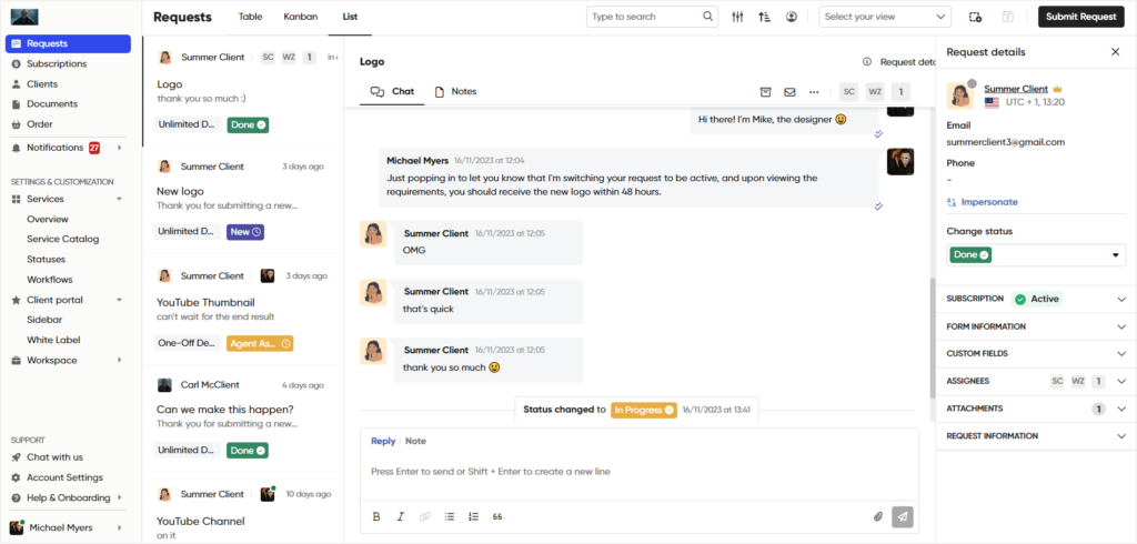 Real-time chat for client & team communication