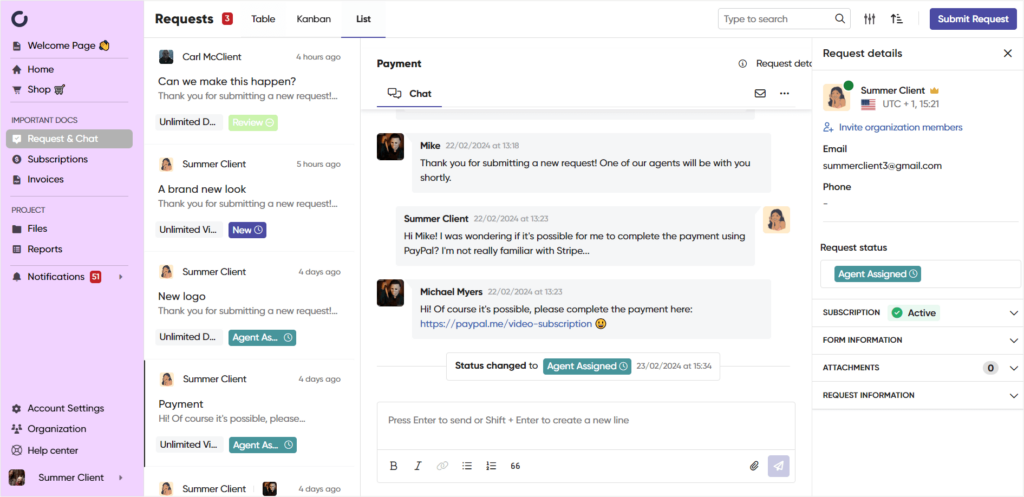 Real-time chat for client and team communication in Zendo