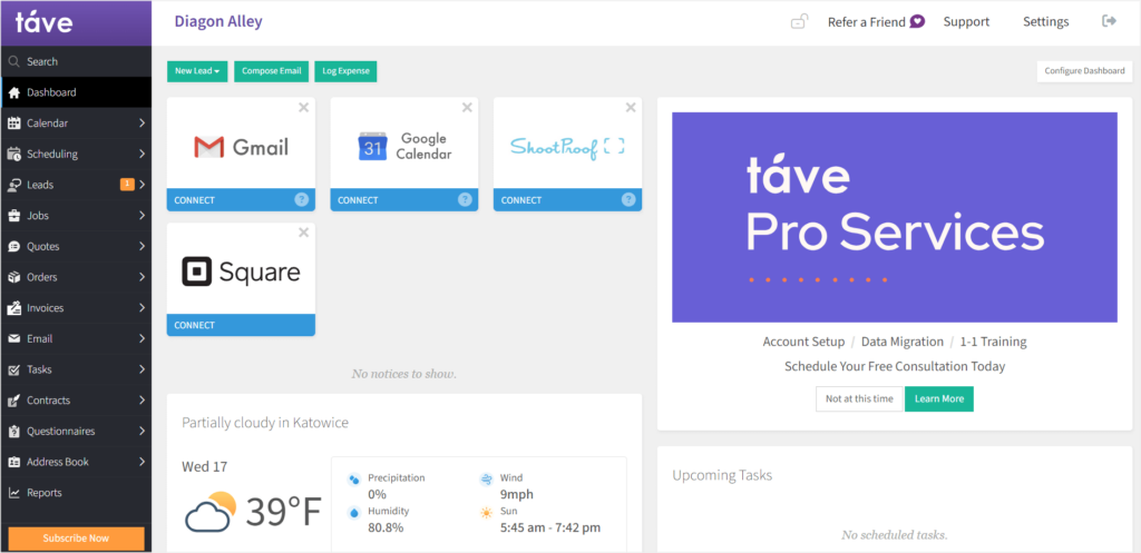 17hats vs Tave: Tave's dashboard showing all the essential business details, from tasks to reports