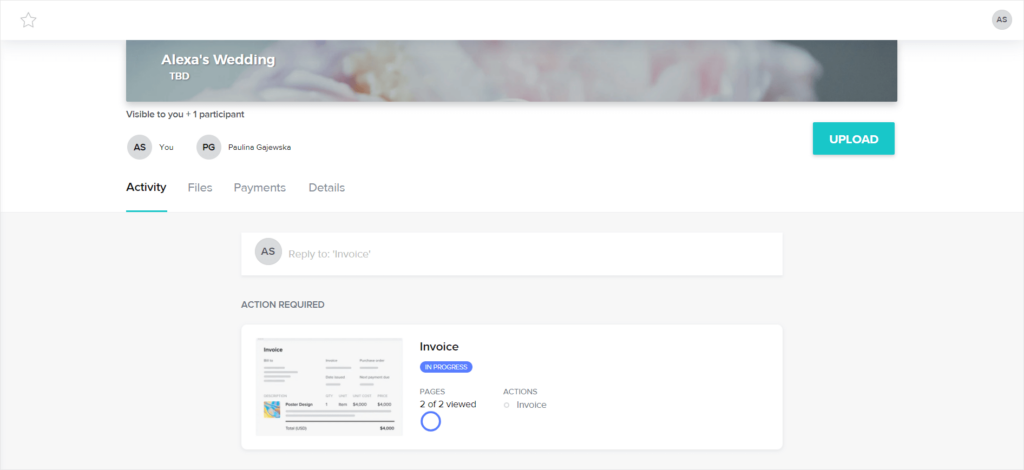 Screenshot of HoneyBook's client portal.