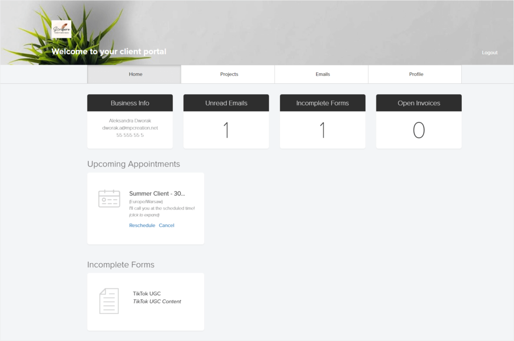 Client portal in Dubsado: home page view