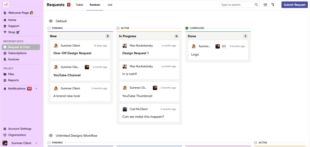 Paperbell alternatives: Zendo and its buildable and customizable client portal: Kanban view
