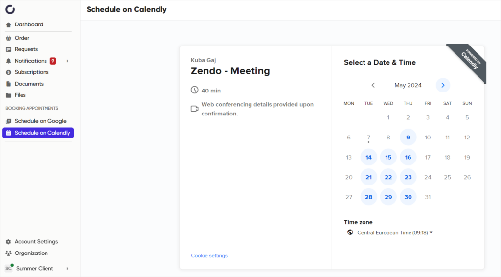 Connecting external scheudling application in Zendo's client portal: Calendly & Google Scheduling example